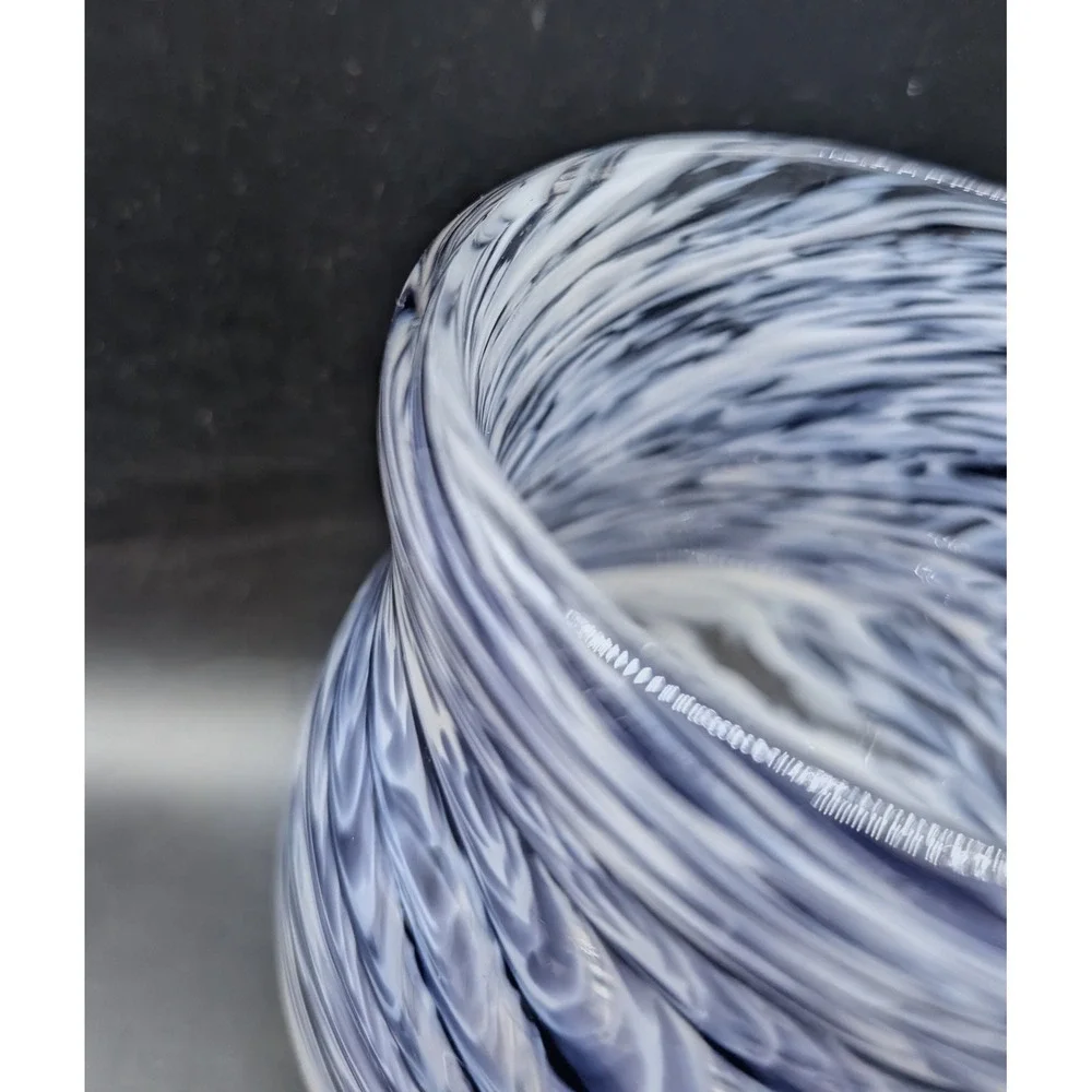 Hand Blown Art Glass Vase Navy Blue White Swirl Marbled Coastal Contemporary